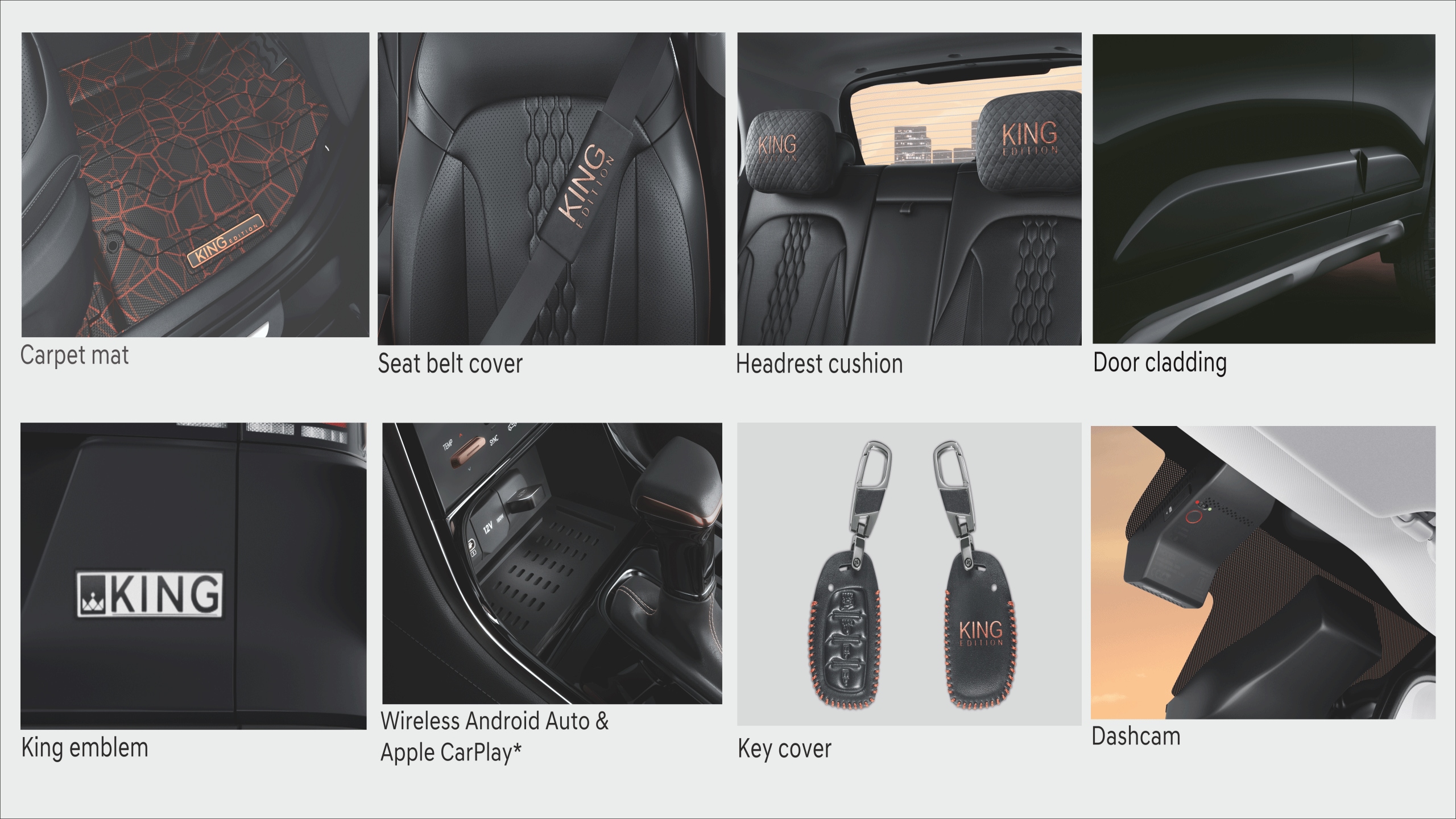 It gets Exclusive King Emblem and premium features like 18-inch diamond-cut alloy wheels, Driver power seat with memory function, Passenger 8-way powered seat with walk-in feature, Dashcam, Wireless Android Auto and Apple CarPlay, Dual-zone climate control, Front seatback table with IT device holder