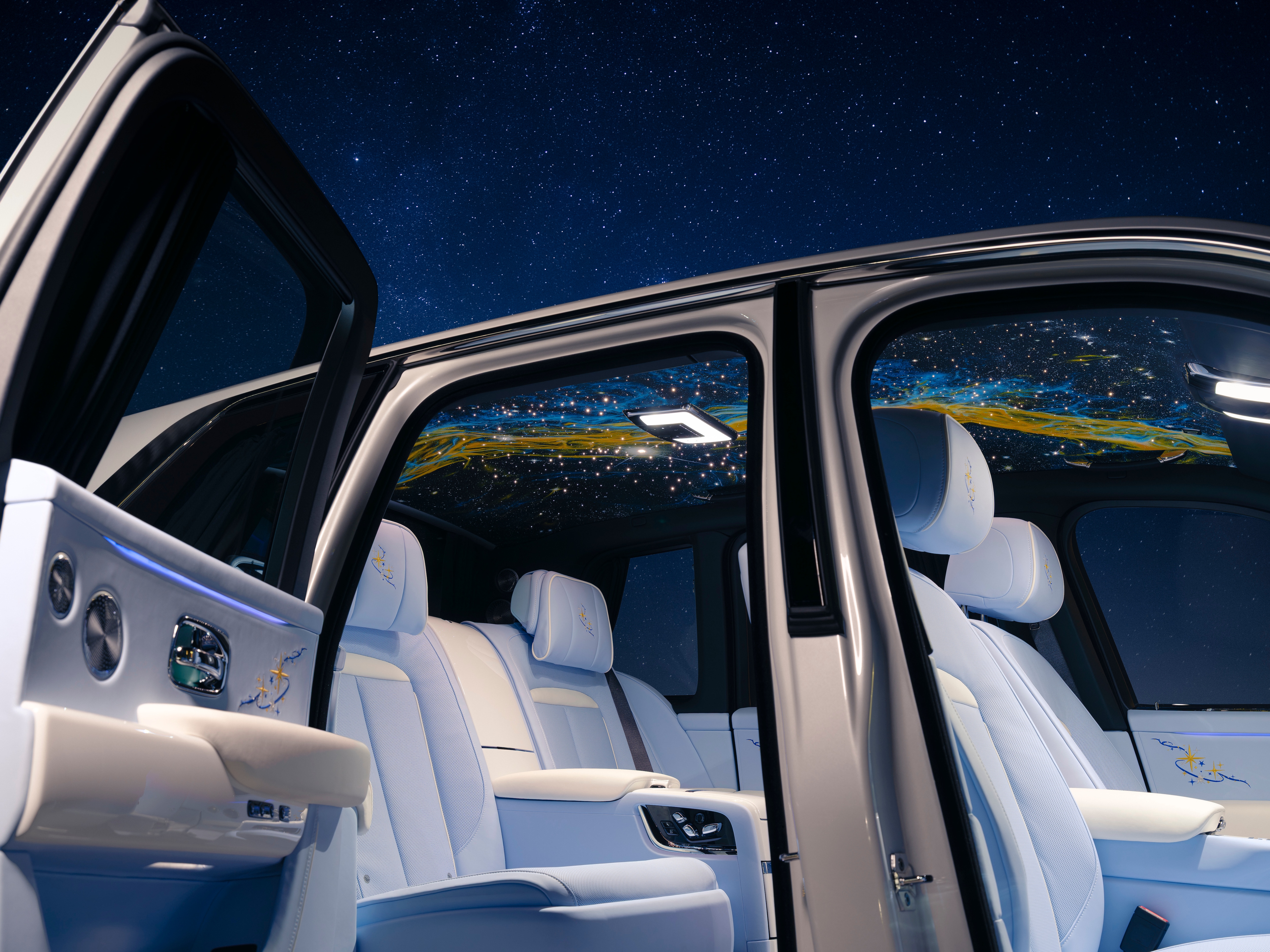 The interior of the Rolls-Royce Cullinan Cosmos gets a hand-painted headliner along with beautiful ambient lighting, Rolls Royce Cullinan Cosmos interior