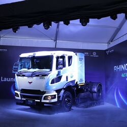 Rhino 5538 EV 4x2 TT has a 282 kWh LFP battery driving 380 HP and 2000 Nm torque, with a range of around 198 km in a single charge on normal test conditions.
