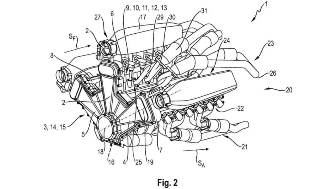 According to the filing, the engine’s design aims to minimise airflow friction losses and ensure a clear separation between the intake and exhaust systems. Porsche patent