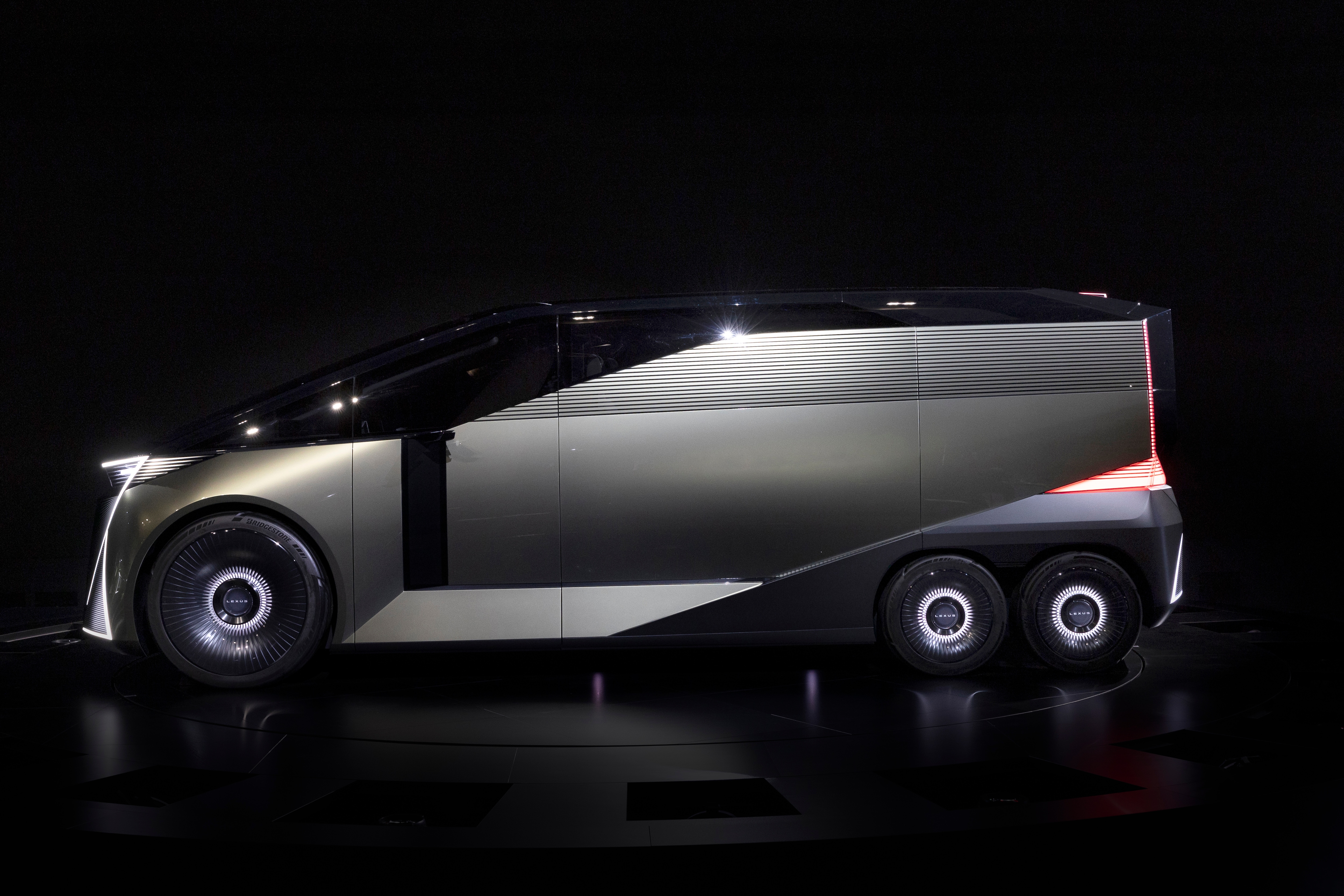 The LS minivan concept looks nothing like any Lexus before it. Square, angled, and unapologetically huge, it has six wheels, three axles configured to provide maximum cabin room and stability Lexus LS Minivan