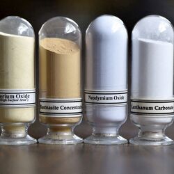 Samples of rare earth minerals from left, Cerium oxide, Bastnasite, Neodymium oxide and Lanthanum carbonate are on display.