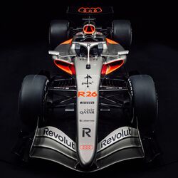 Audi’s first Formula 1 car, the R26, in its race livery at the Audi Revolut F1 Team launch in Berlin.