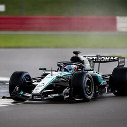 The Mercedes-AMG F1 W17 E Performance during its first on-track shakedown at Silverstone ahead of the 2026 Formula One season.