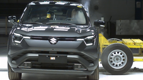The Maruti Suzuki e Vitara during ANCAP crash testing, where it secured a four-star safety rating.