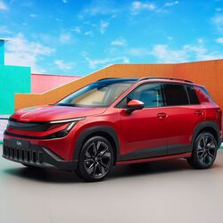The Skoda Epiq on display, showcasing its T-shaped LED light signature and Modern Solid design language.