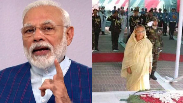 বাঁ দিকে প্রধানমন্ত্রী নরেন্দ্র মোদী। ডান দিকে মুজিবুর রহমানের স্মারকে শ্রদ্ধা জানাচ্ছেন বাংলাদেশের প্রধানমন্ত্রী তথা তাঁর কন্যা শেখ হাসিনা ওয়াজেদ। বাঁ দিকে প্রধানমন্ত্রী নরেন্দ্র মোদী। ডান দিকে মুজিবুর রহমানের স্মারকে শ্রদ্ধা জানাচ্ছেন বাংলাদেশের প্রধানমন্ত্রী তথা তাঁর কন্যা শেখ হাসিনা ওয়াজেদ।