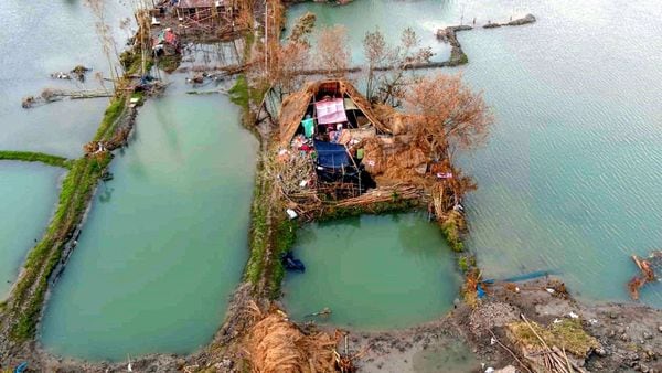 নামখানায় ঝড়ে বিধ্বস্ত এলাকা। (PTI) নামখানায় ঝড়ে বিধ্বস্ত এলাকা। (PTI)