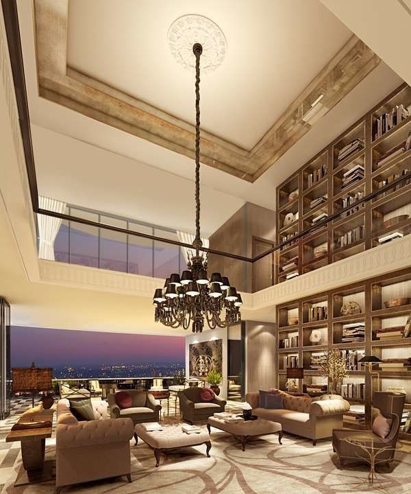 4ベッドルームアパートメントの天井の高さは13フィートです。 Birushka家具付きのリビングルーム。 真ん中のシャンデリアの大きな魅力は、大きなリーディングルーム。 正面のガラスの壁も目を引きます。 （写真提供：Omkar1973）