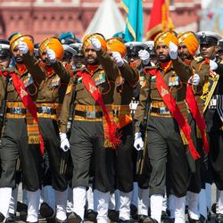 Indian soldiers march in Red Square during the Victory Day military parade marking the 75th anniversary of the Nazi defeat in WWII in Moscow, Russia, Wednesday, June 24, 2020. The Victory Day parade normally is held on May 9, the nation's most important secular holiday, but this year it was postponed due to the coronavirus pandemic. (AP Photo/Alexander Zemlianichenko) (AP)