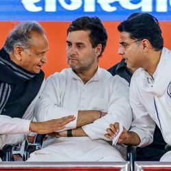 **EDS: FILE IMAGE** Jaipur: In this Tuesday, March 26, 2019 file photo the rebel Congress leader Sachin Pilot (R) is seen with the then Congress President Rahul Gandhi and Rajasthan Chief Minister Ashok Gehlot during a party function in Jaipur. Pilot was on Tuesday, July 14, 2020 removed from posts of Rajasthan deputy chief minister and state unit president.(PTI Photo) (PTI14-07-2020_000054B) *** Local Caption *** (PTI) **EDS: FILE IMAGE** Jaipur: In this Tuesday, March 26, 2019 file photo the rebel Congress leader Sachin Pilot (R) is seen with the then Congress President Rahul Gandhi and Rajasthan Chief Minister Ashok Gehlot during a party function in Jaipur. Pilot was on Tuesday, July 14, 2020 removed from posts of Rajasthan deputy chief minister and state unit president.(PTI Photo) (PTI14-07-2020_000054B) *** Local Caption *** (PTI)