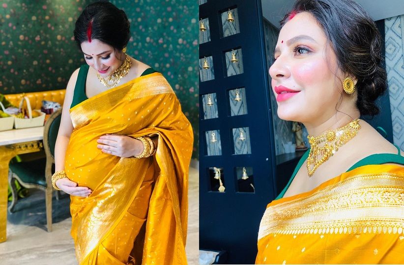 この日、シュブシュリーは濃い黄色のシルクサリー、ゴールドのジュエリー、朱色の頭に身を包んだ。 (写真-Instagram) この日、シュブシュリーは濃い黄色のシルクサリー、ゴールドのジュエリー、朱色の頭に身を包んだ。 (写真-Instagram)