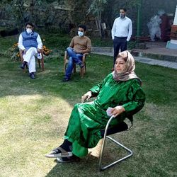 PDP chief Mehbooba Mufti meets party leaders at her residence in Srinagar on Wednesday after she was released from detention last night. (ANI PHOTO)