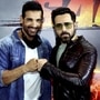 Mumbai: Bollywood actors John Abraham (L) and Emraan Hashmi pose for photographs during the trailer launch of their upcoming film 'Mumbai Saga', in Mumbai, Friday, Feb. 26, 2021. (PTI Photo)(PTI02_26_2021_000128A) (PTI)