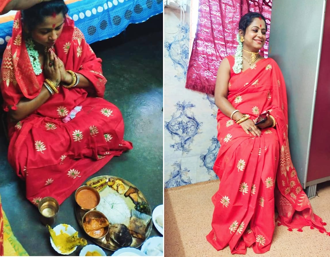 টুকটুকে লাল শাড়িতে সেজে সাধ খেলেন মীনাক্ষী। অভিনেত্রীর পছন্দের খাবার সাজিয়ে বরণ করা হল হবু মা-কে। প্রেগন্যান্সি গ্লো ধরা পড়ছে তাঁর চোখেমুখে।