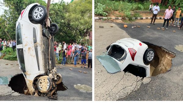 প্রবল বৃষ্টিতে ধসে গেল রাস্তা, উলটো হয়ে মাটিতে ঢুকে গেল গাড়ি। (ছবি সৌজন্য এএনআই) প্রবল বৃষ্টিতে ধসে গেল রাস্তা, উলটো হয়ে মাটিতে ঢুকে গেল গাড়ি। (ছবি সৌজন্য এএনআই)