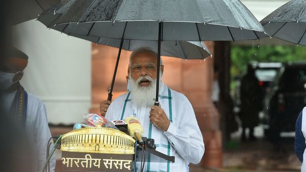 New Delhi: Prime Minister Narendra Modi addresses the media, as it rains on the first day of the Monsoon Session of Parliament, in New Delhi, Monday, July 19, 2021. (PTI Photo/Arun Sharma)(PTI07_19_2021_000026A) (PTI) New Delhi: Prime Minister Narendra Modi addresses the media, as it rains on the first day of the Monsoon Session of Parliament, in New Delhi, Monday, July 19, 2021. (PTI Photo/Arun Sharma)(PTI07_19_2021_000026A) (PTI)