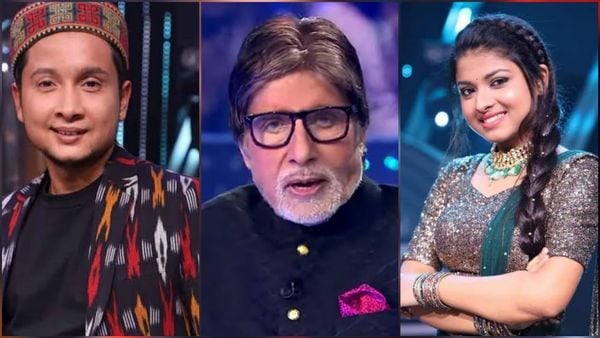 KBC 13-র সেটে অমিতাভের সঙ্গে অরুণিতা-পবনদীপ। KBC 13-র সেটে অমিতাভের সঙ্গে অরুণিতা-পবনদীপ।