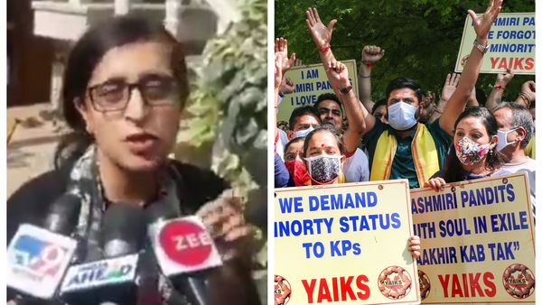 কাশ্মীরি পণ্ডিত মাখনলাল বিন্দ্রুর মেয়ে শ্রদ্ধা (বাঁদিকে), প্রতিবাদ শ্রীনগরে (ডানদিকে) (ছবি সৌজন্য ভিডিয়ো এবং পিটিআই) কাশ্মীরি পণ্ডিত মাখনলাল বিন্দ্রুর মেয়ে শ্রদ্ধা (বাঁদিকে), প্রতিবাদ শ্রীনগরে (ডানদিকে) (ছবি সৌজন্য ভিডিয়ো এবং পিটিআই)