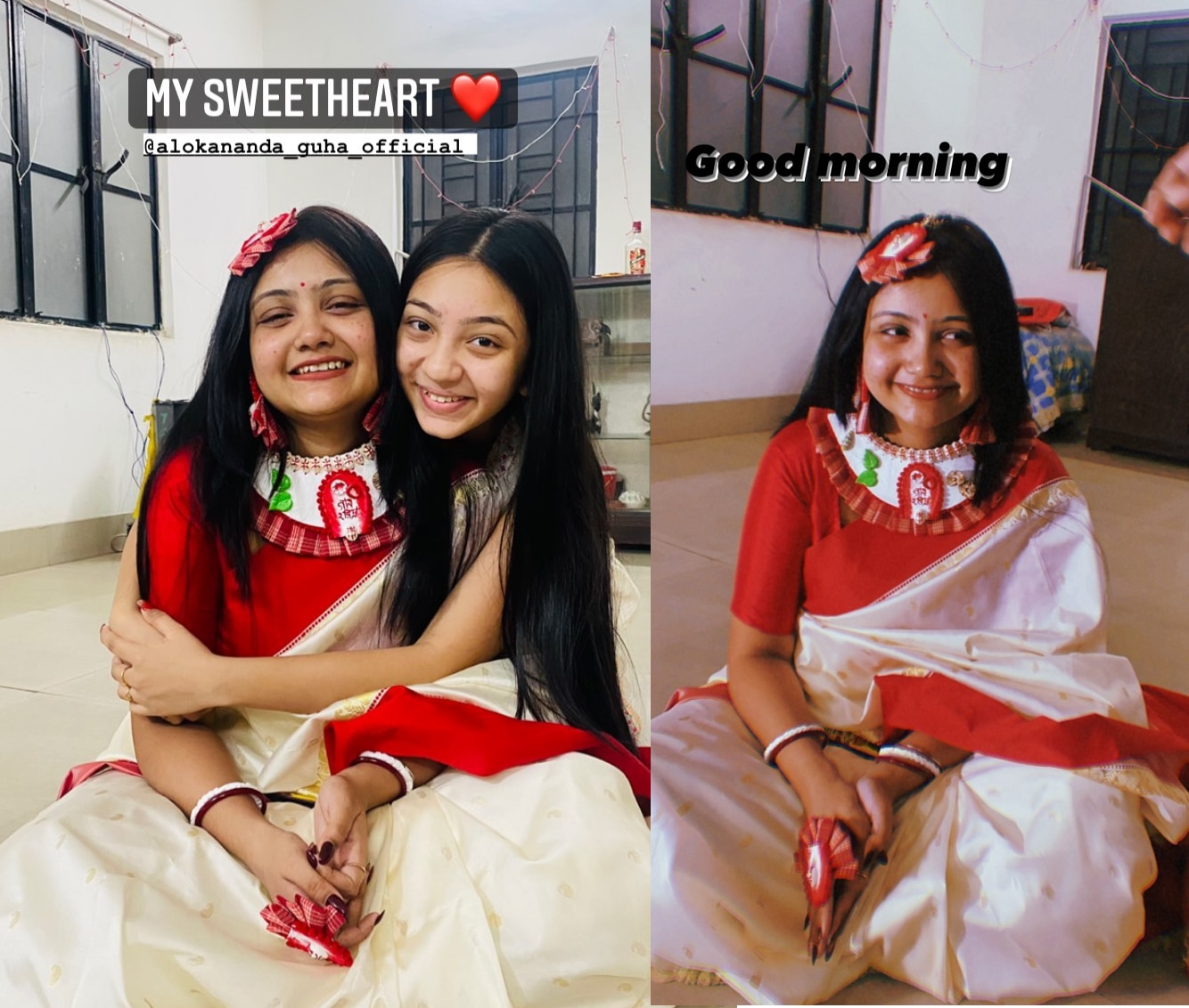 বিয়ের দিন সকালে লাল-সাদা শাড়িতে অলকানন্দা, সঙ্গে বোন অনন্যা বিয়ের দিন সকালে লাল-সাদা শাড়িতে অলকানন্দা, সঙ্গে বোন অনন্যা