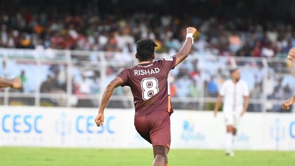 গোল করে রিশাদের দৌড়। ছবি- টুইটার (@GokulamKeralaFC)। গোল করে রিশাদের দৌড়। ছবি- টুইটার (@GokulamKeralaFC)।