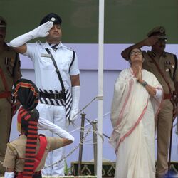 Kolkata, India - Aug. 15, 2022: Chief Minister of West Bengal Mamata Banerjee gestures after hoisting the tricolour on the occasion of the 76th Independence Day celebration event at Red Road in Kolkata, India, on Monday, August 15, 2022. (Photo by Samir Jana/ Hindustan Times) (Hindustan Times)