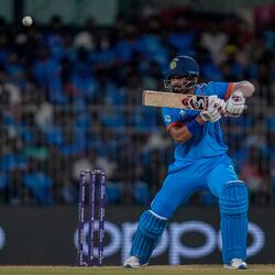 India's KL Rahul plays a shot during ICC Cricket World Cup match between India and Australia in Chennai, India, Sunday, Oct. 8, 2023. (AP Photo/Rafiq Maqbool) (AP)