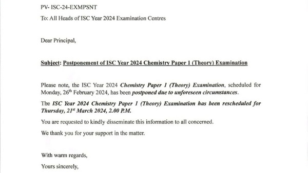 ISC Chemistry exam postponed ISC Chemistry exam postponed