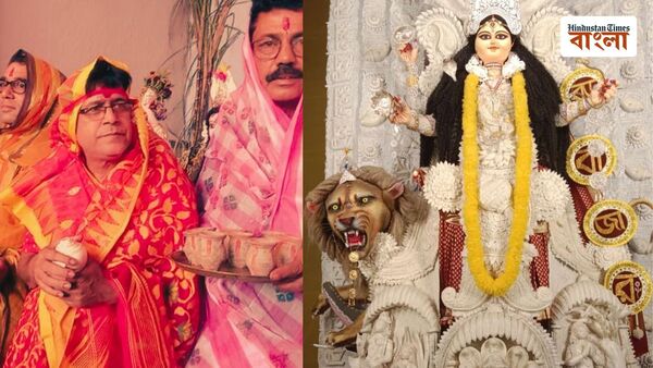 কপালে টিপ, পরনে শাড়ি! ঘোমটা দিয়ে পুরুষরাই মাকে বরণ করেন এই পুজোয়, কেন এই রীতি