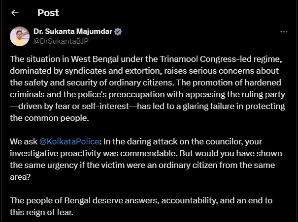 সুকান্ত মজুমদারের এক্স পোস্ট