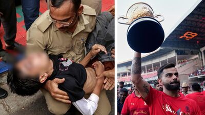 চিন্নস্বামীর বাইরে পদপিষ্টের ঘটনার সময় অসুস্থ একজন (বাঁ-দিকে), তারপরও স্টেডিয়ামে উৎসব চালিয়ে গেল আরসিবি (ডানদিকে)। (ছবি সৌজন্যে এএফপি এবং এপি) চিন্নস্বামীর বাইরে পদপিষ্টের ঘটনার সময় অসুস্থ একজন (বাঁ-দিকে), তারপরও স্টেডিয়ামে উৎসব চালিয়ে গেল আরসিবি (ডানদিকে)। (ছবি সৌজন্যে এএফপি এবং এপি)