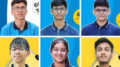 নিট পরীক্ষায় প্রথম থেকে পঞ্চম স্থানাধিকারী (উপরের বাঁ-দিক থেকে ডানদিক পর্যন্ত), সপ্তম স্থানাধিকারী (নীচের ডানদিকে)। (ছবি সৌজন্যে, এক্স @gcisikar, @AESL_Official এবং @ALLENkota)