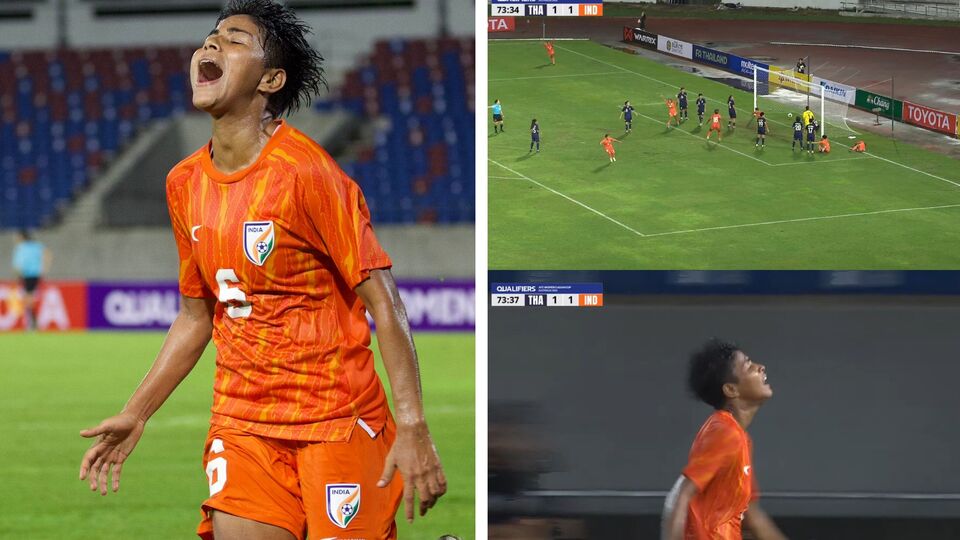 কিন্তু দ্বিতীয়ার্ধ শুরু হওয়ার দু'মিনিটের মধ্যে গোল হজম করে ভারত। সেই পরিস্থিতিতে ২০২৬ সালে মহিলাদের এএফসি এশিয়ান কাপ খেলার জন্য মরিয়াভাবে গোলের খোঁজ করতে থাকে টিম ইন্ডিয়া। আর ৭৪ মিনিটে গোলের দরজা খুলে ফেলেন সেই সঙ্গীতাই। খাদ্যের গন্ধ পাওয়া সিংহীর মতো তেকাঠির সামনে থেকে বলটা থাইল্যান্ডের জাবে জড়িয়ে দেন। (ছবি সৌজন্যে, এক্স @IndianFootball এবং এক্স)