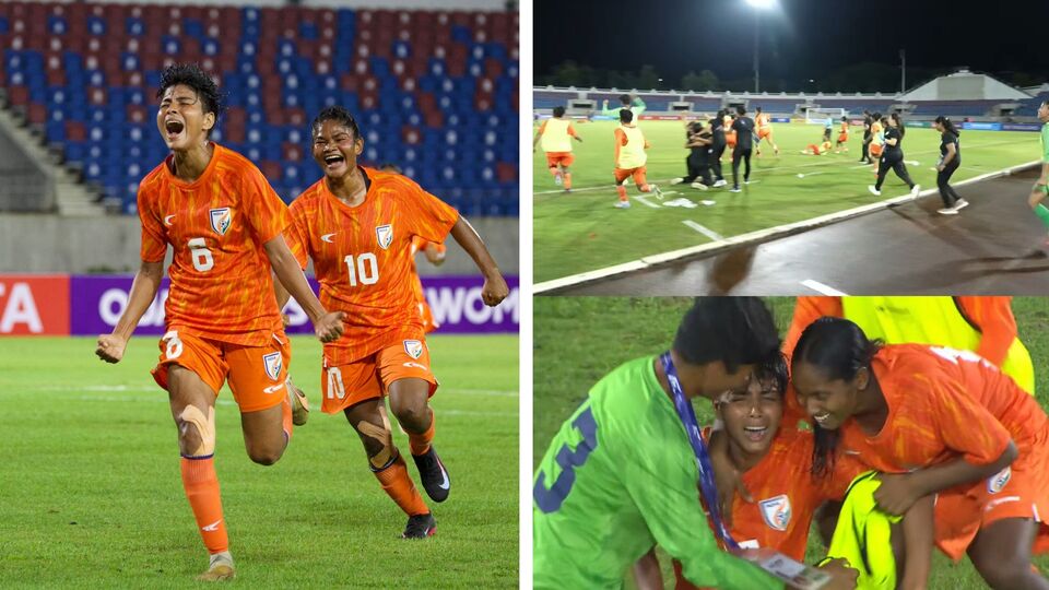 থাইল্যান্ডকে হারিয়ে দিয়ে ২০২৬ সালের এএফসি এশিয়ান কাপের টিকিট পেয়ে গেল ভারত। সঙ্গীতা বাসফোরের জোড়া গোলে শনিবার থাইল্যান্ডকে ২-১ গোলে হারিয়ে দিয়ে অস্ট্রেলিয়ার টিকিট ‘কনফার্ম’ করে ফেলেছে টিম ইন্ডিয়া। আর যে থাইল্যান্ডকে হারিয়েছেন সঙ্গীতারা, সেই দেশ ফিফা র‍্যাঙ্কিংয়ে ৪৬ নম্বরে আছে। আর ভারত আছে ৭০ নম্বরে। ২৪ ধাপ এগিয়ে থাকা টিমকে হারিয়ে দিল ভারত। (ছবি সৌজন্যে, এক্স @IndianFootball)