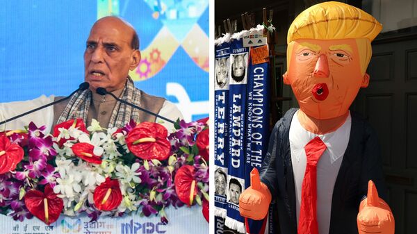 রবিবার মধ্যপ্রদেশের রাইসেন জেলায় ভারত আর্থ মুভার্স লিমিটেডের (বিইএমএল) কারখানার ভূমিপুজোয় ভারতের প্রতিরক্ষা মন্ত্রী রাজনাথ বলেন, ‘কিছু কিছু লোক (পড়ুন ট্রাম্প) আছেন, যাঁরা ভারতের এই দ্রুতগতির উত্থান সহ্য করতে পারছেন না। ওদের সেটা পছন্দ হচ্ছে না)। (ওঁরা ভাবছেন যে) আমরা তো সকলের বস, ভারত কীভাবে এত দ্রুতগতিতে এগিয়ে চলেছে।’ (ছবি সৌজন্যে পিটিআই এবং রয়টার্স) রবিবার মধ্যপ্রদেশের রাইসেন জেলায় ভারত আর্থ মুভার্স লিমিটেডের (বিইএমএল) কারখানার ভূমিপুজোয় ভারতের প্রতিরক্ষা মন্ত্রী রাজনাথ বলেন, ‘কিছু কিছু লোক (পড়ুন ট্রাম্প) আছেন, যাঁরা ভারতের এই দ্রুতগতির উত্থান সহ্য করতে পারছেন না। ওদের সেটা পছন্দ হচ্ছে না)। (ওঁরা ভাবছেন যে) আমরা তো সকলের বস, ভারত কীভাবে এত দ্রুতগতিতে এগিয়ে চলেছে।’ (ছবি সৌজন্যে পিটিআই এবং রয়টার্স)