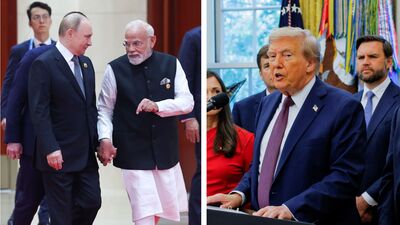 হোয়াইট হাউসে সাংবাদিক বৈঠকের সময় ট্রাম্পকে প্রশ্ন করা হয়েছিল যে 'আপনি ভারতের উপর থেকে শুল্ক সরিয়ে দেবেন?' সেটার জবাবে মার্কিন প্রেসিডেন্ট বলেন, 'ভারতের সঙ্গে আমাদের বন্ধুত্বপূর্ণ সম্পর্ক আছে। কিন্তু আপনাকে বুঝতে হবে যে বহু বছর ধরে এই সম্পর্কটা একতরফা ছিল। কিন্তু যখন থেকে আমি এসেছি এবং শুল্ক নিয়ে আমাদের যে ক্ষমতা আছে, (সেটার কারণে...........)।' (ছবি সৌজন্যে ফেসবুক Narendra Modi এবং রয়টার্স)