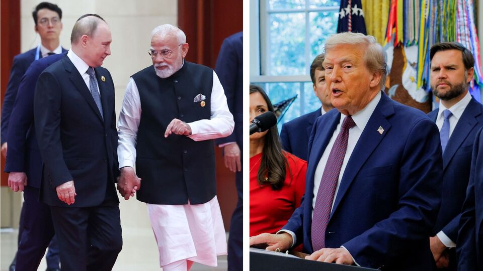 হোয়াইট হাউসে সাংবাদিক বৈঠকের সময় ট্রাম্পকে প্রশ্ন করা হয়েছিল যে 'আপনি ভারতের উপর থেকে শুল্ক সরিয়ে দেবেন?' সেটার জবাবে মার্কিন প্রেসিডেন্ট বলেন, 'ভারতের সঙ্গে আমাদের বন্ধুত্বপূর্ণ সম্পর্ক আছে। কিন্তু আপনাকে বুঝতে হবে যে বহু বছর ধরে এই সম্পর্কটা একতরফা ছিল। কিন্তু যখন থেকে আমি এসেছি এবং শুল্ক নিয়ে আমাদের যে ক্ষমতা আছে, (সেটার কারণে...........)।' (ছবি সৌজন্যে ফেসবুক Narendra Modi এবং রয়টার্স)