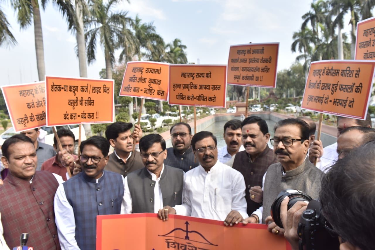 <p>Shiv Sena MPs raise slogans at Parliament House premises</p>