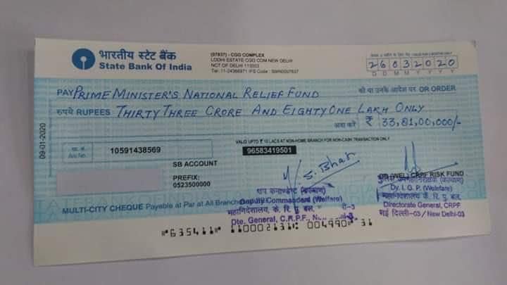 <p>CRPF donates <span class='webrupee'>₹</span>33.81 crore for PM relief fund</p>