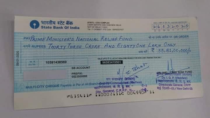 <p>CRPF donates  <span class='webrupee'>₹</span>33.81 crore for PM relief fund</p>