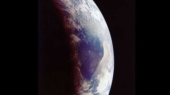 Earth photographed while returning from the successful mission. Armstrong and Aldrin spent 21 hours, 36 minutes on the moon’s surface. After a rest period that included seven hours of sleep, the ascent stage engine fired at 124 hours, 22 minutes. (NASA)