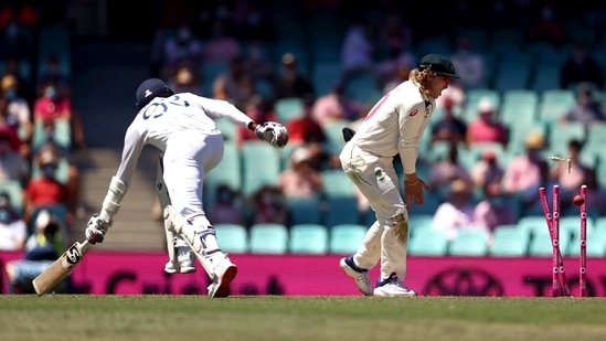 India's Jasprit Bumrah getting runout on the third day of the Third Test Match at Sydney Cricket Ground, in Sydney.