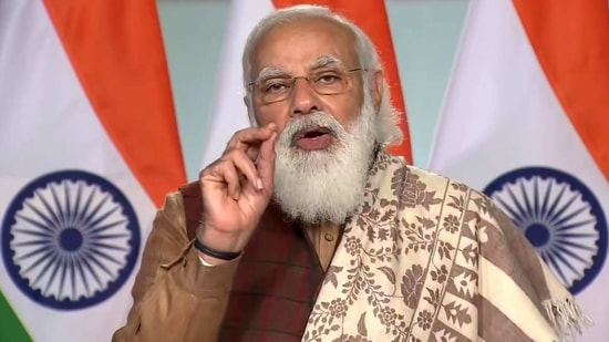 Prime Minister Narendra Modi speaking during the inauguration of 16th Pravasi Bharatiya Divas Convention 2021 via video conferencing, in New Delhi on Saturday. (ANI Photo)