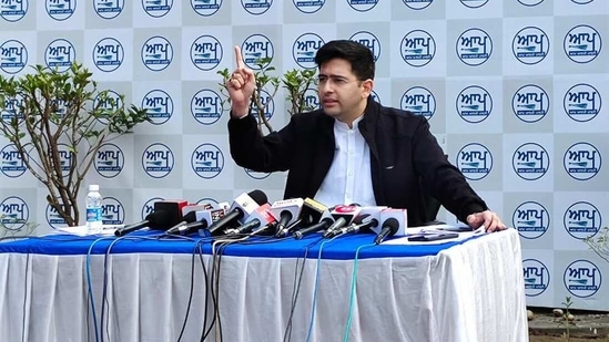 AAP Punjab co-incharge Raghav Chadha addresses media during a press conference. (HT Photo)