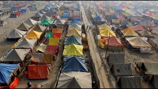A general view of a giant tent city built for pilgrims attending the Magh Mela, a month-long festival, on a foggy winter morning in Prayagraj on January 5, 2018. (REUTERS FILE) A general view of a giant tent city built for pilgrims attending the Magh Mela, a month-long festival, on a foggy winter morning in Prayagraj on January 5, 2018. (REUTERS FILE)