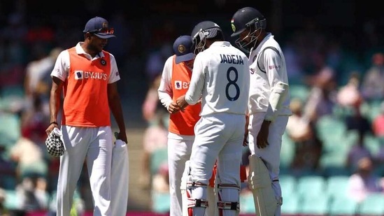 Ravindra Jadeja being checked after being hit on the thumb (BCCI/Twitter) Ravindra Jadeja being checked after being hit on the thumb (BCCI/Twitter)
