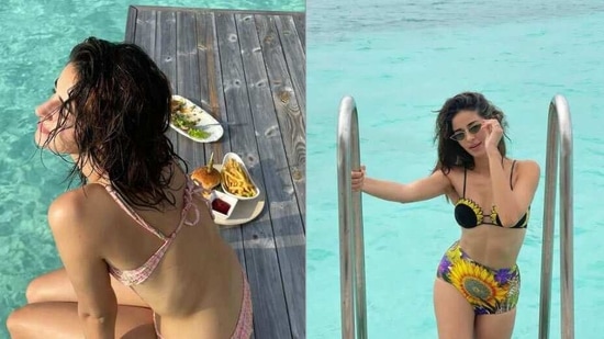Ananya Panday flew to Maldives with Ishaan Khatter. She clicked some mesmerising pictures of herself gorging on burgers by the seaside or simply soaking some sun in a sunflower-themed bikini.