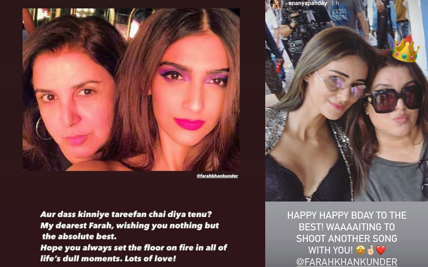 Sonam Kapoor and Ananya Panday wished Farah Khan on their Instagram stories. Sonam Kapoor and Ananya Panday wished Farah Khan on their Instagram stories.
