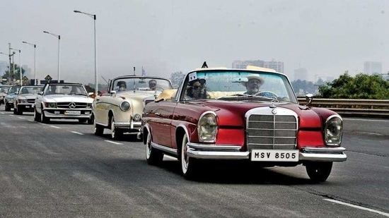Industrialist Viveck Goenka’s W111 Fintail cabriolet leads the line-up at the MBCCR 2020