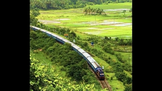The image shows a train traversing through Harwada station in coastal Karnataka.(Twitter/@SWRRLY)